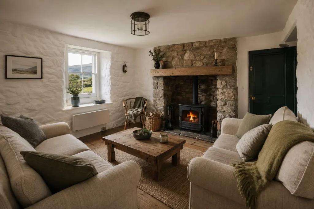 Sitting room with soft sofas and a wood-burning stove set into a stone fireplace