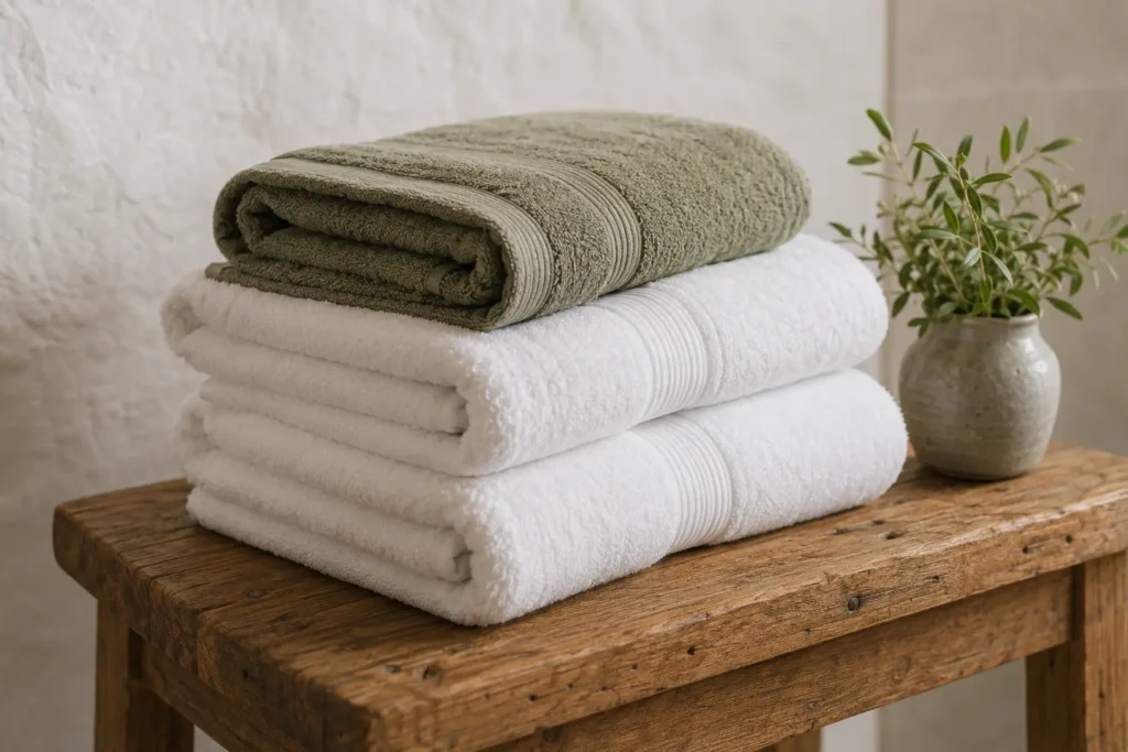 Folded green and white towels stacked on a rustic wooden bench