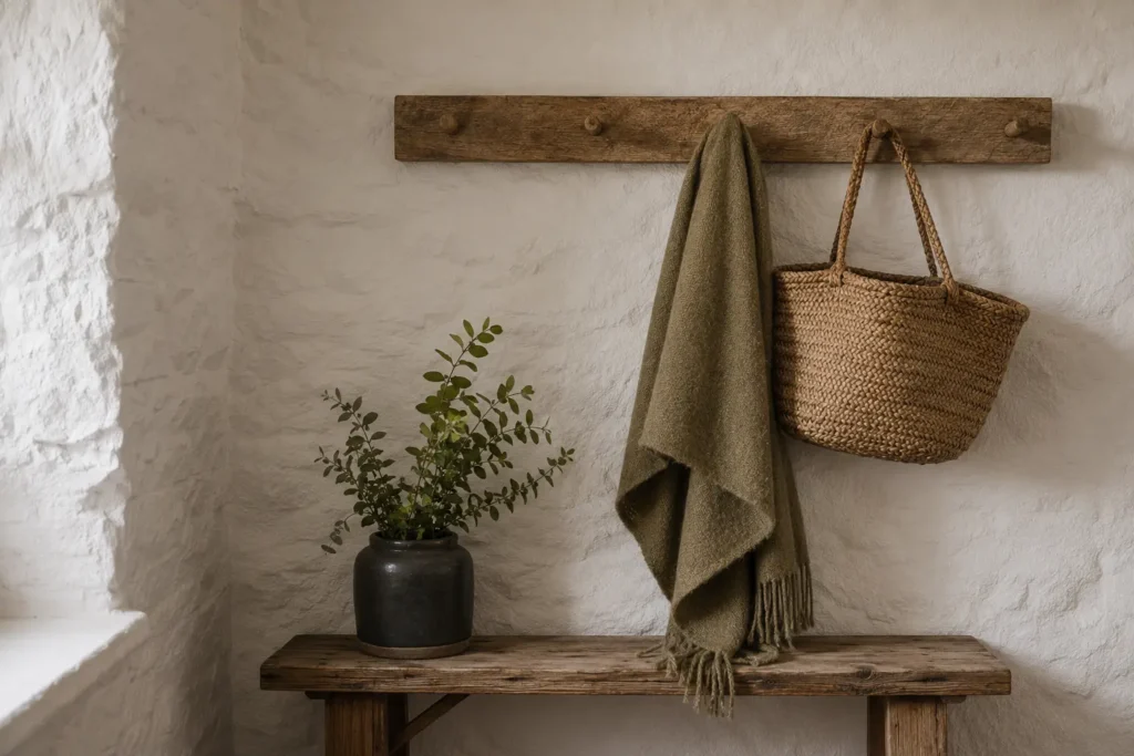 Robe and basket hanging on wooden wall pegs beside a sprig of greenery