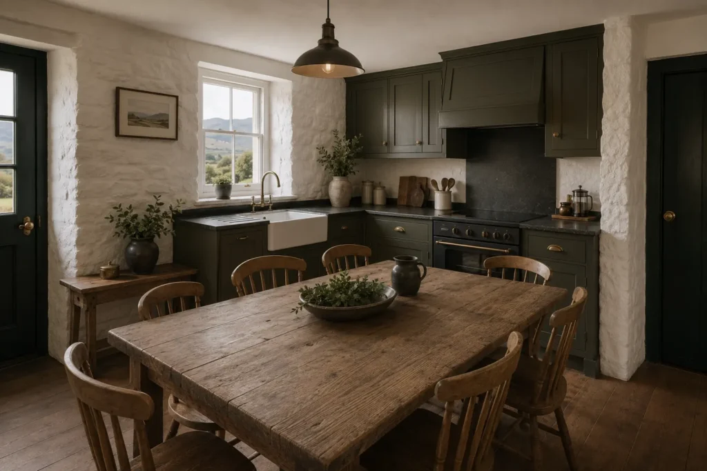 Stone-walled kitchen with deep green cabinets and a wooden dining table