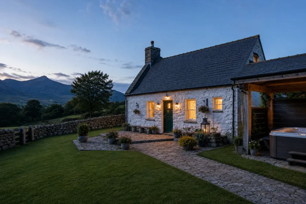 High Mourne House lit at dusk with the Mourne Mountains rising behind the garden