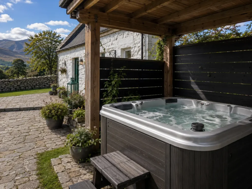 Private hot tub on a stone patio under a timber cover with mountain views