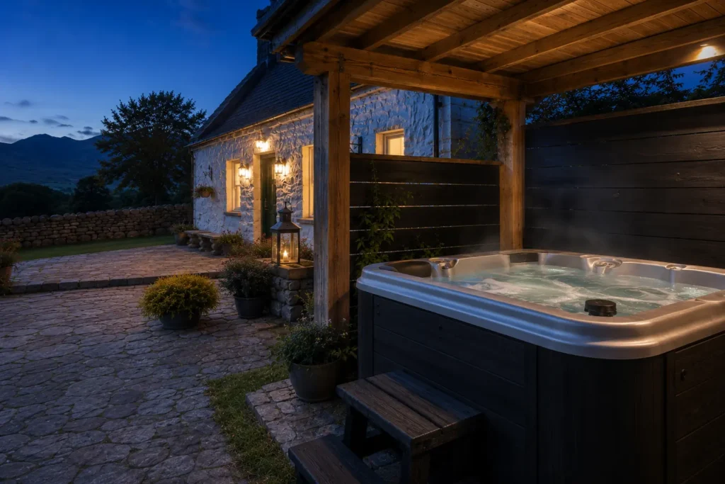 Private covered hot tub steaming at dusk with the lit cottage behind