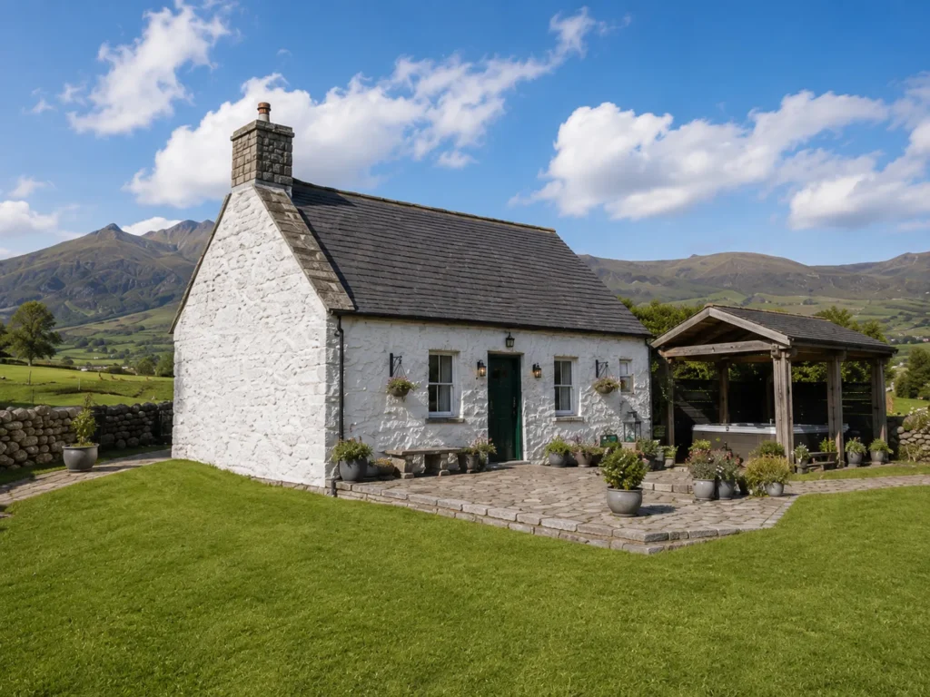 White stone High Mourne House with the Mourne Mountains behind it