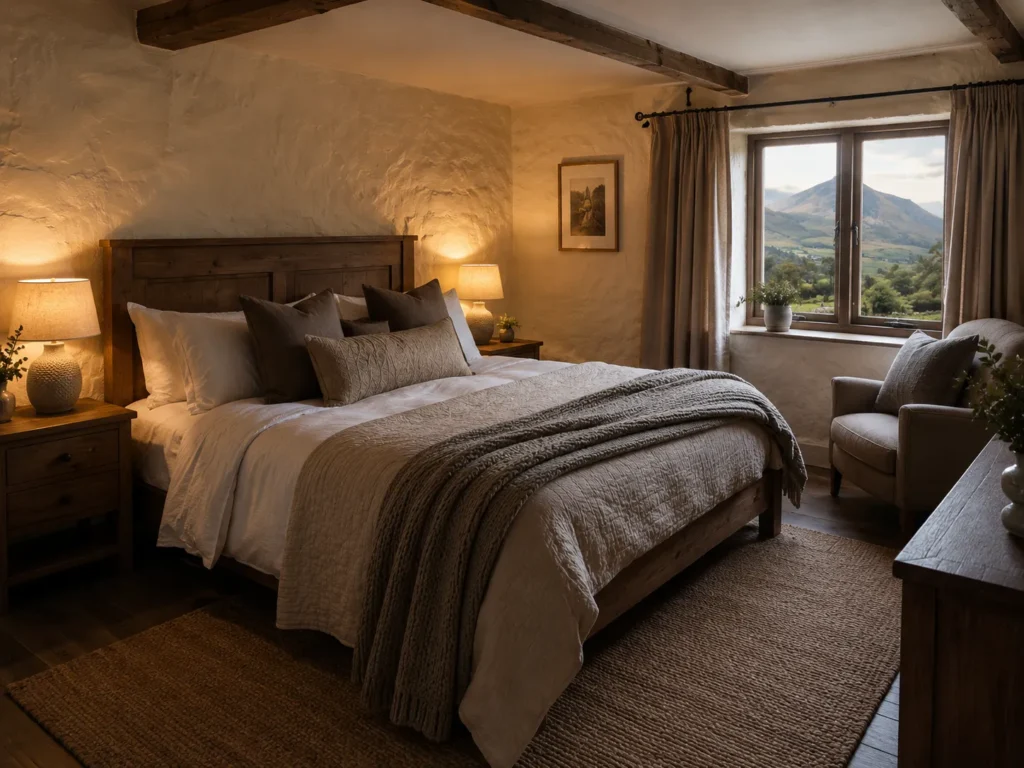 Double bedroom with a wooden bed frame and a green throw
