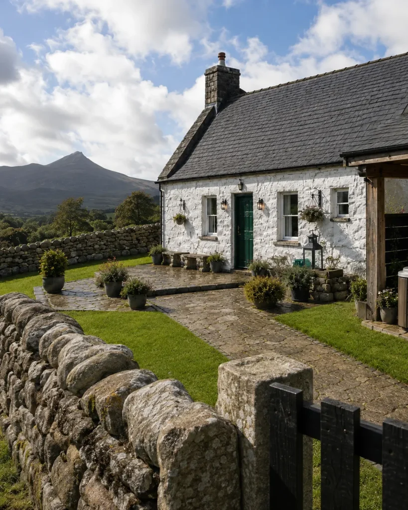 Stone-built High Mourne House with a dry-stone garden wall and the Mourne Mountains behind