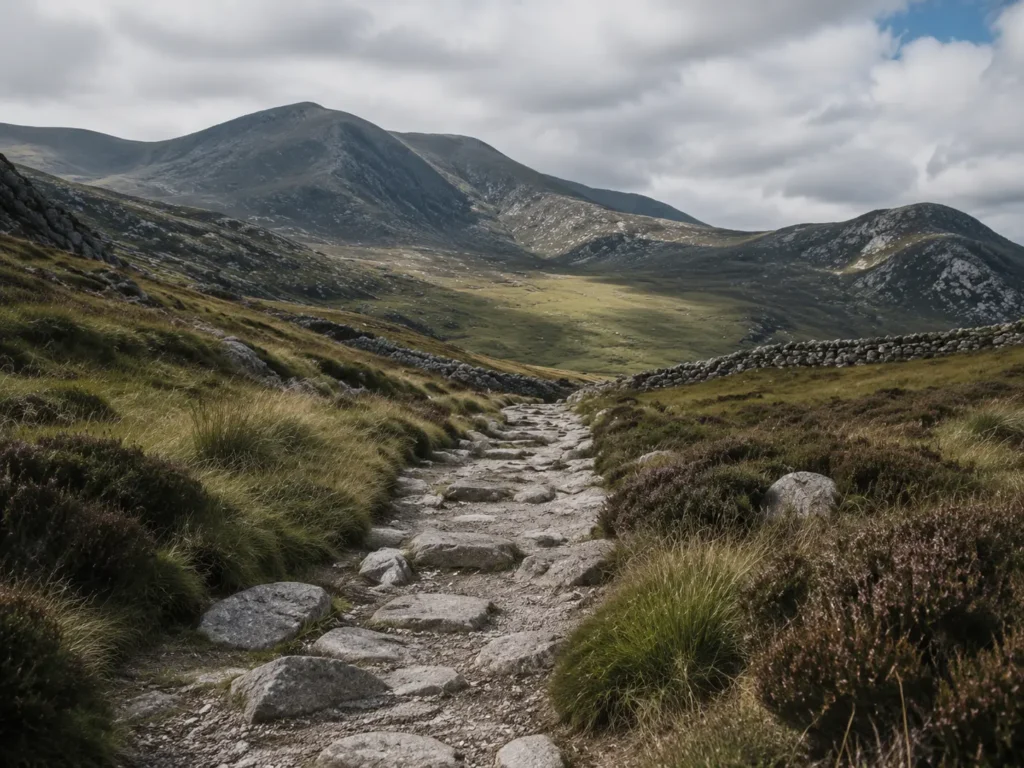 Stone mountain path winding up into the Mourne Mountains