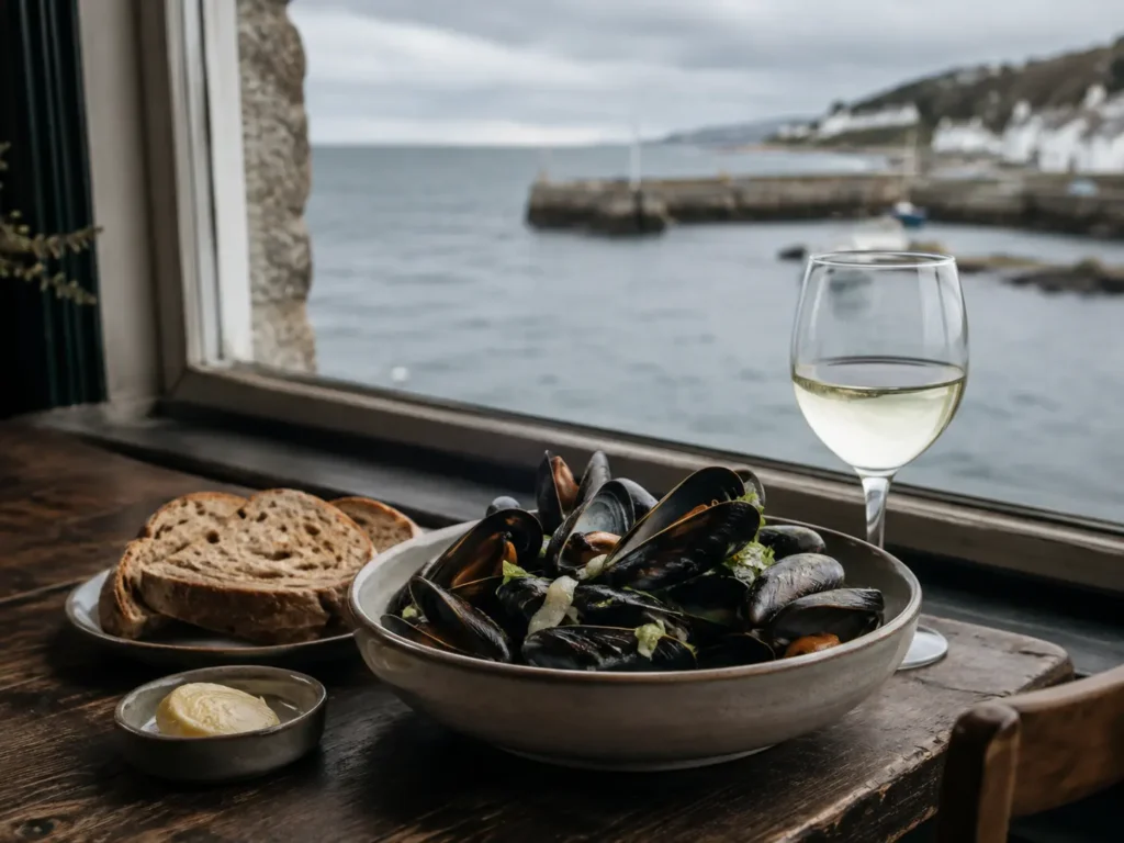 Bowl of mussels and a glass of white wine on a table by a harbour window